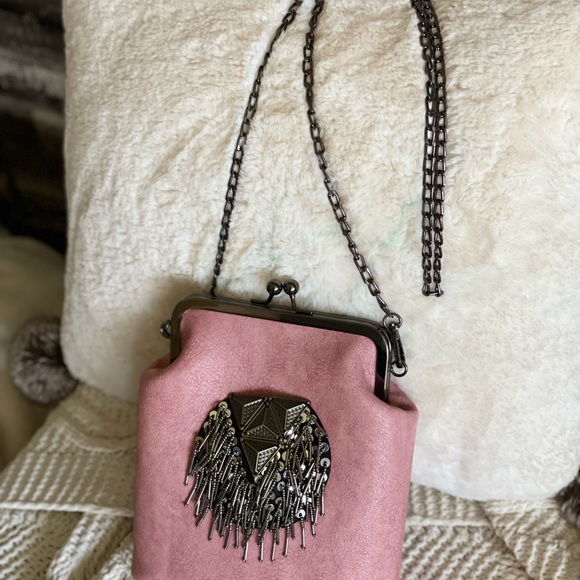 Stylish Blush Pink Crossbody Purse with Metal Tassel and Chain Strap - Small - Picture 4 of 7